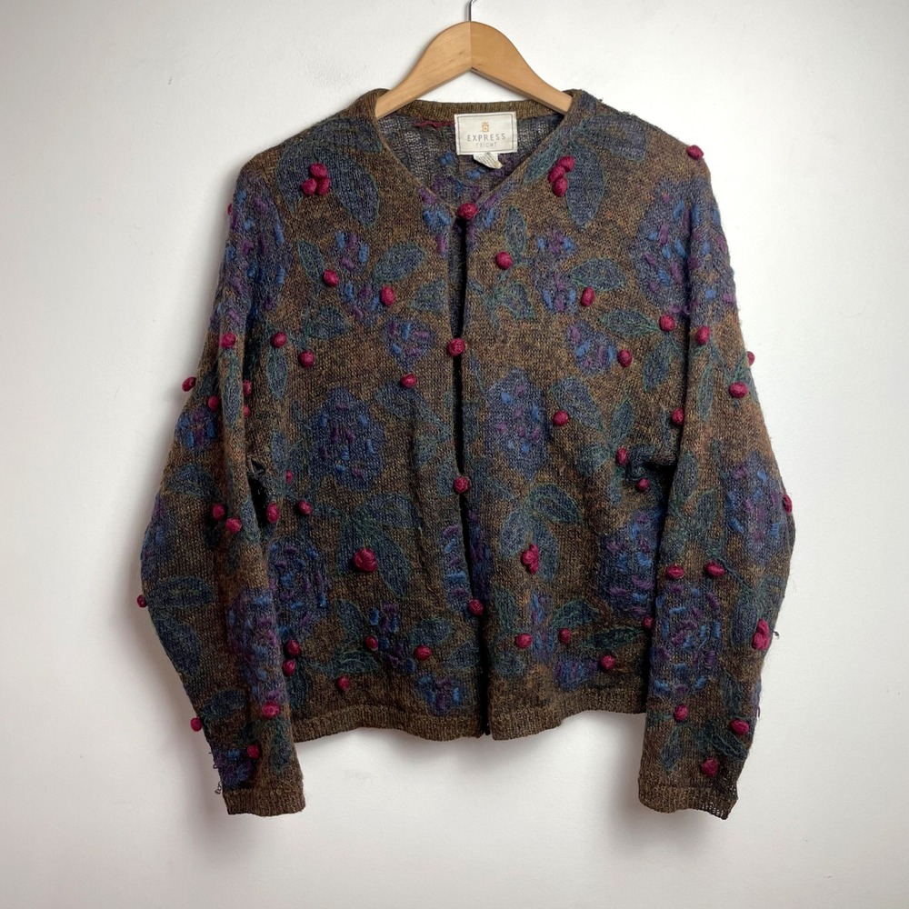 Express Tricot Floral Cardigan Sweater Fairy Grunge Pom Pom Knit Mohair Vintage